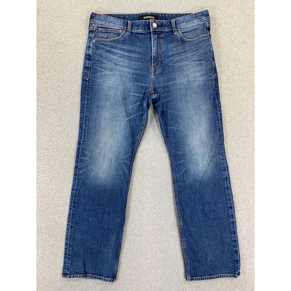 Express Jeans Mens 36x32 (36x30.5) Stretch Fit Boot Cut Denim Blue Med Wash Pant